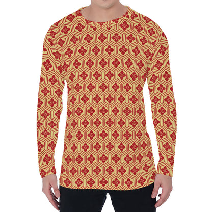 Red Japanese Flower Pattern Print Men's Long Sleeve T-Shirt