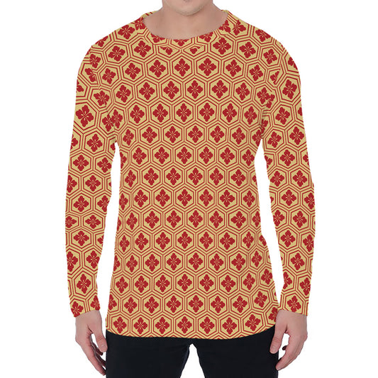 Red Japanese Flower Pattern Print Men's Long Sleeve T-Shirt