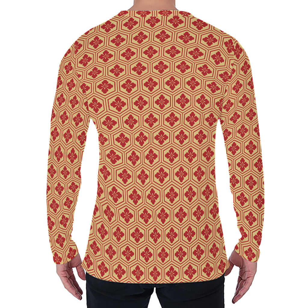 Red Japanese Flower Pattern Print Men's Long Sleeve T-Shirt