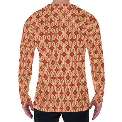Red Japanese Flower Pattern Print Men's Long Sleeve T-Shirt
