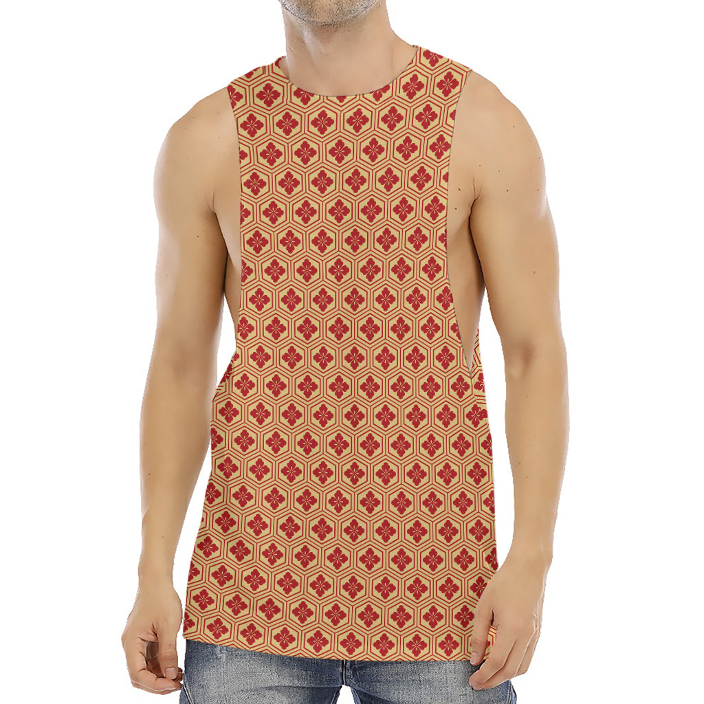 Red Japanese Flower Pattern Print Men's Muscle Tank Top