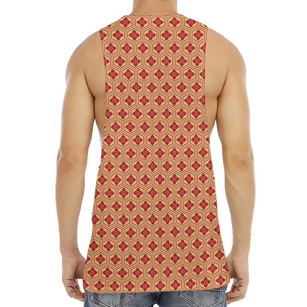 Red Japanese Flower Pattern Print Men's Muscle Tank Top