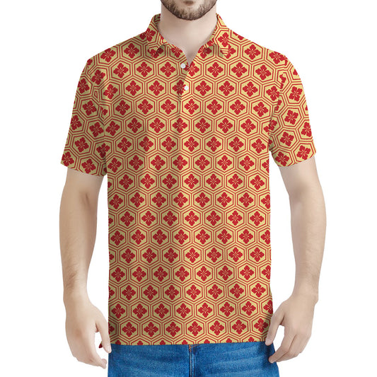 Red Japanese Flower Pattern Print Men's Polo Shirt