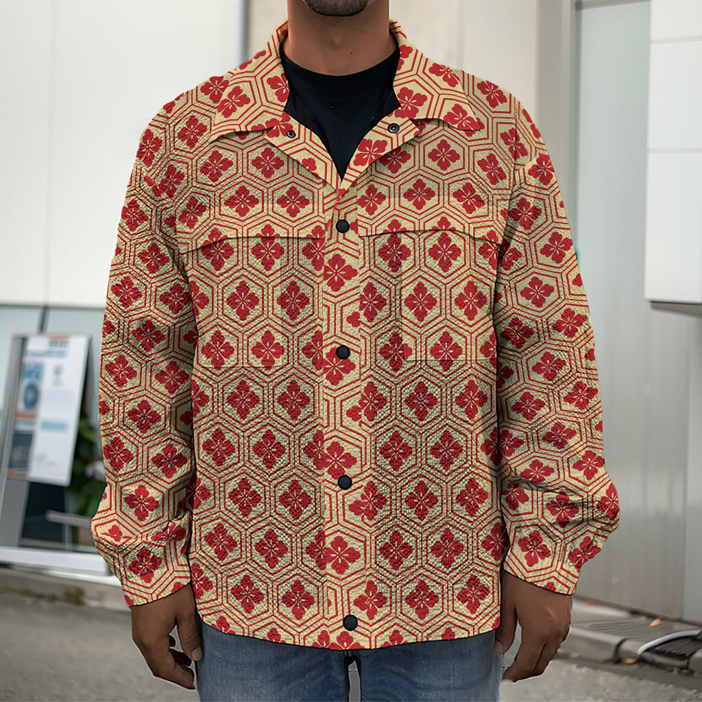 Red Japanese Flower Pattern Print Men's Shirt Jacket