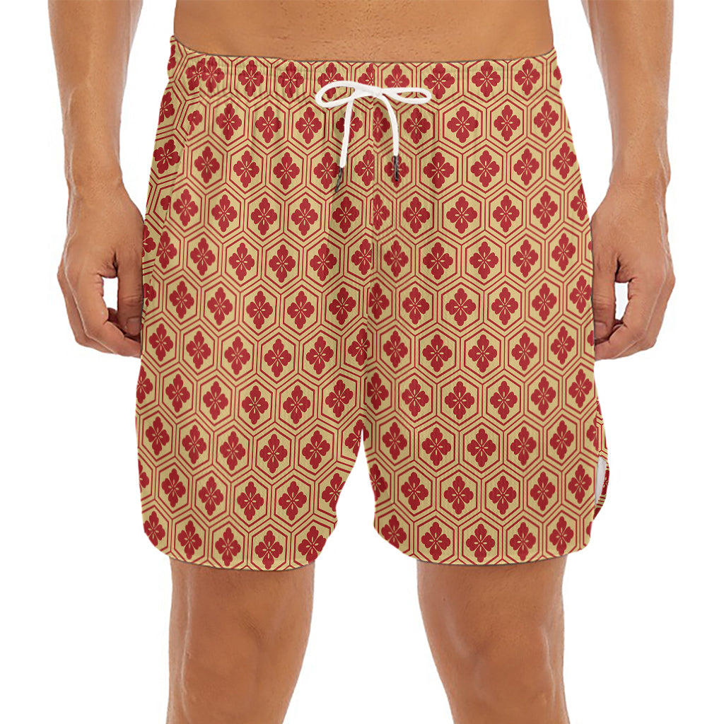Red Japanese Flower Pattern Print Men's Split Running Shorts