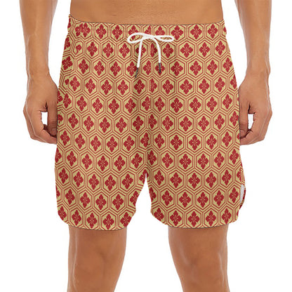 Red Japanese Flower Pattern Print Men's Split Running Shorts