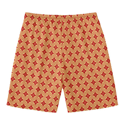 Red Japanese Flower Pattern Print Men's Swim Trunks