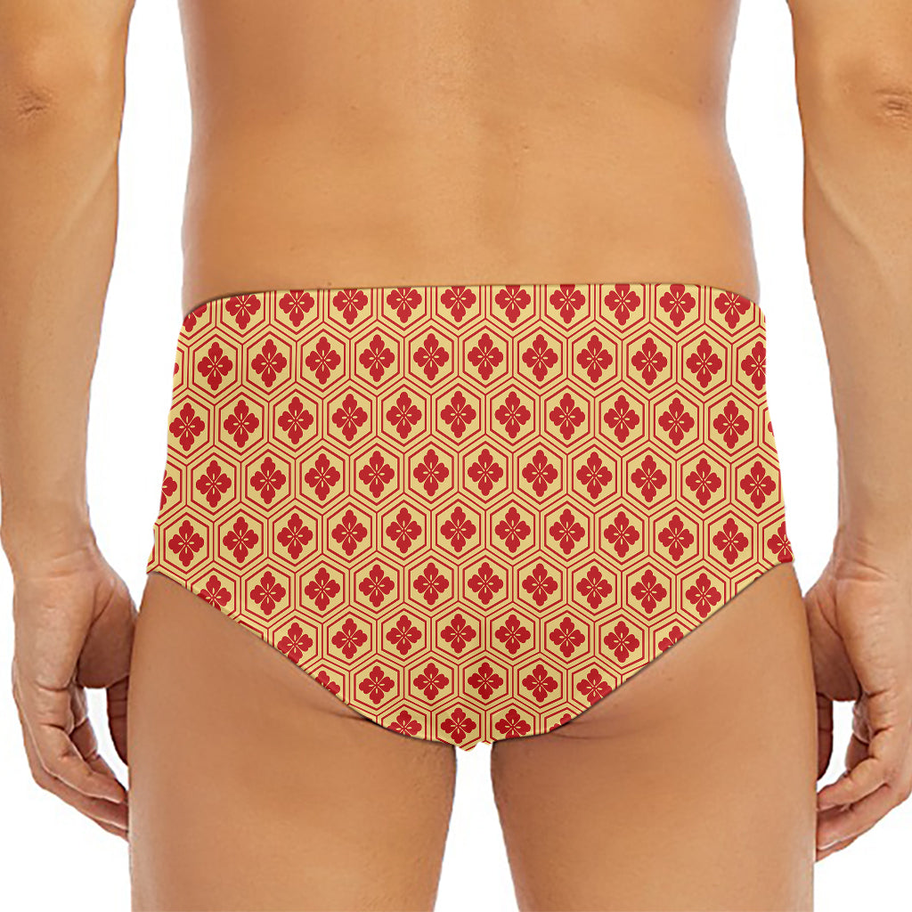 Red Japanese Flower Pattern Print Men's Triangle Swim Briefs