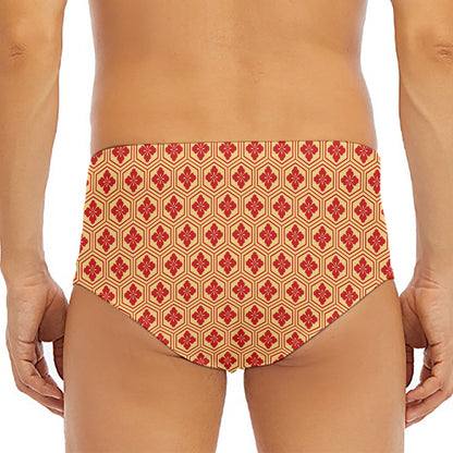 Red Japanese Flower Pattern Print Men's Triangle Swim Briefs