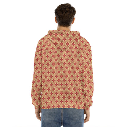Red Japanese Flower Pattern Print Men's Velvet Pullover Hoodie