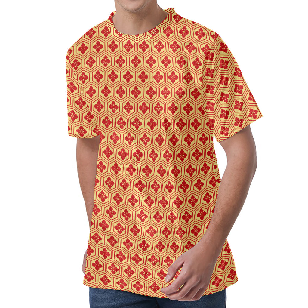 Red Japanese Flower Pattern Print Men's Velvet T-Shirt