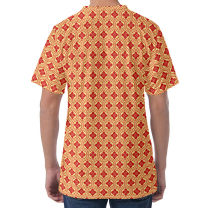 Red Japanese Flower Pattern Print Men's Velvet T-Shirt