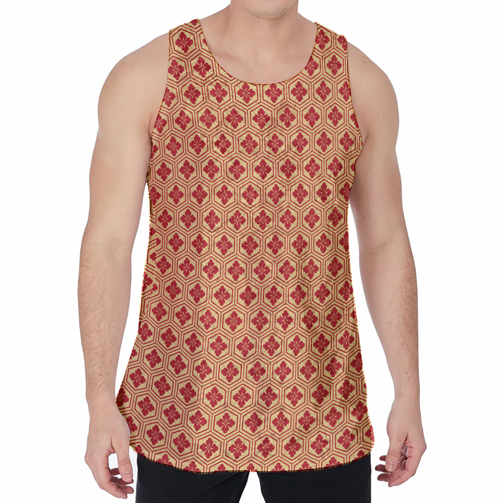 Red Japanese Flower Pattern Print Men's Velvet Tank Top