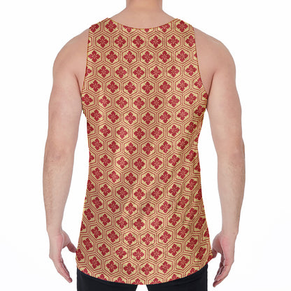 Red Japanese Flower Pattern Print Men's Velvet Tank Top