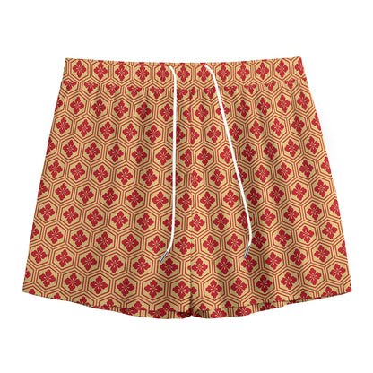 Red Japanese Flower Pattern Print Mesh Shorts
