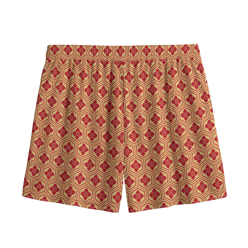 Red Japanese Flower Pattern Print Mesh Shorts