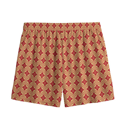 Red Japanese Flower Pattern Print Mesh Shorts