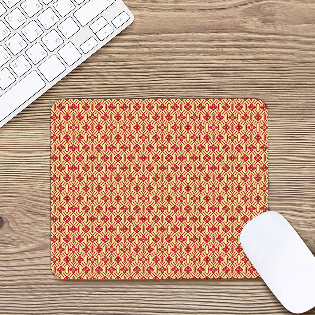 Red Japanese Flower Pattern Print Mouse Pad