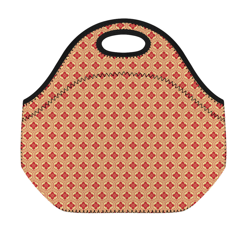 Red Japanese Flower Pattern Print Neoprene Lunch Bag