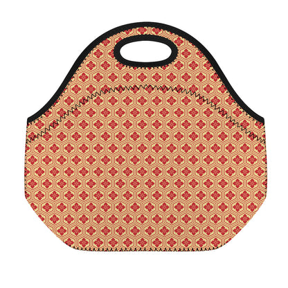 Red Japanese Flower Pattern Print Neoprene Lunch Bag