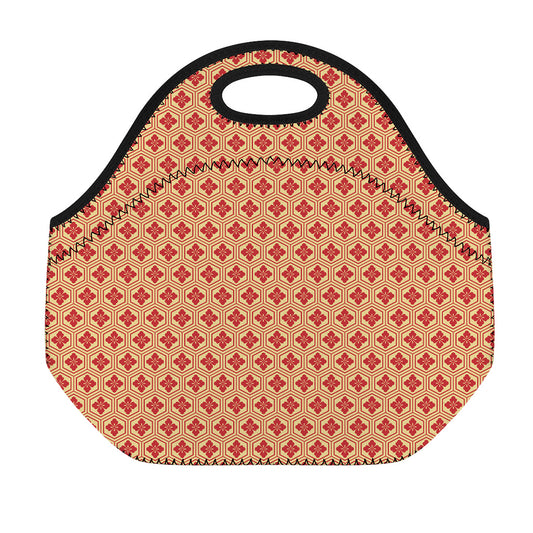 Red Japanese Flower Pattern Print Neoprene Lunch Bag