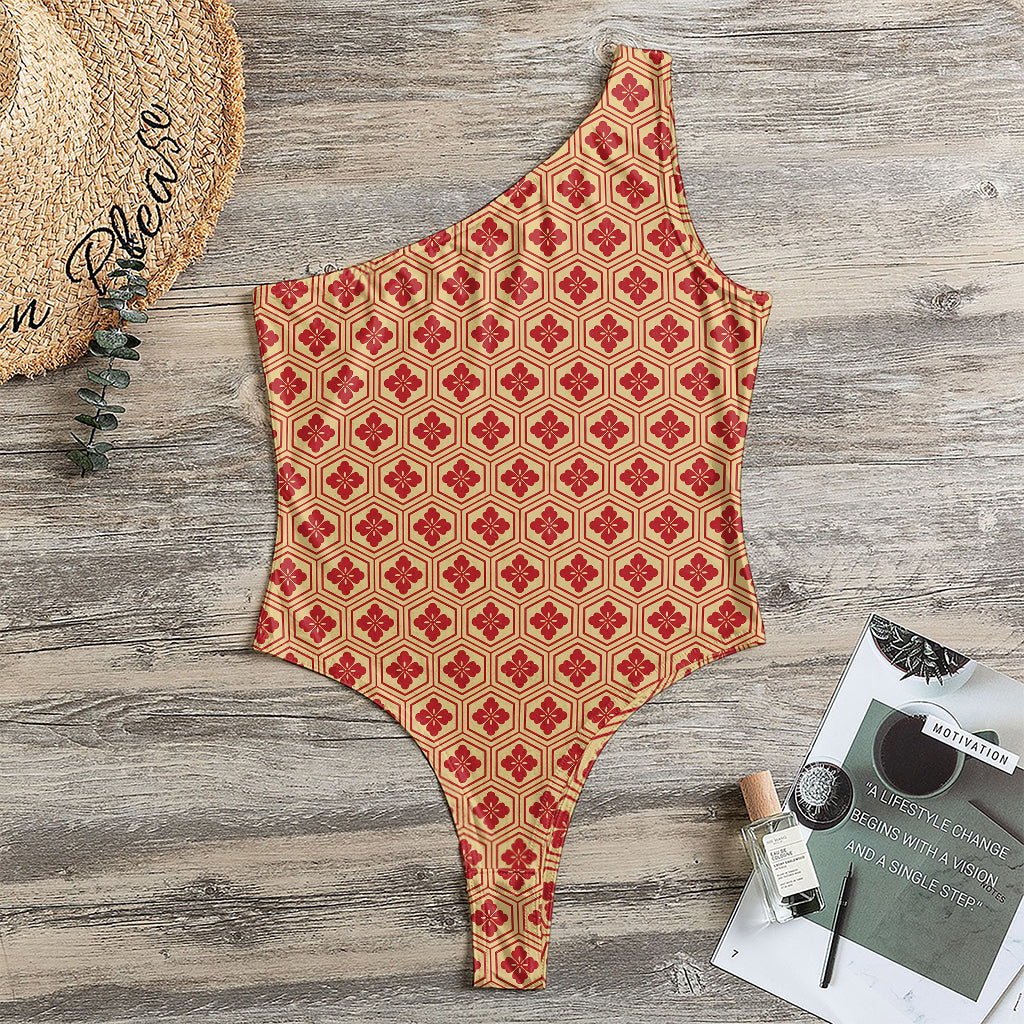Red Japanese Flower Pattern Print One Shoulder Bodysuit