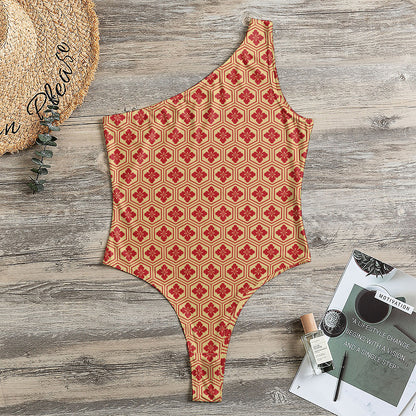 Red Japanese Flower Pattern Print One Shoulder Bodysuit