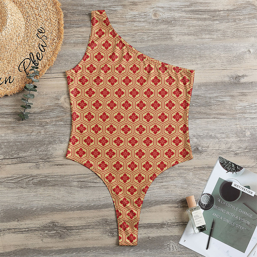 Red Japanese Flower Pattern Print One Shoulder Bodysuit