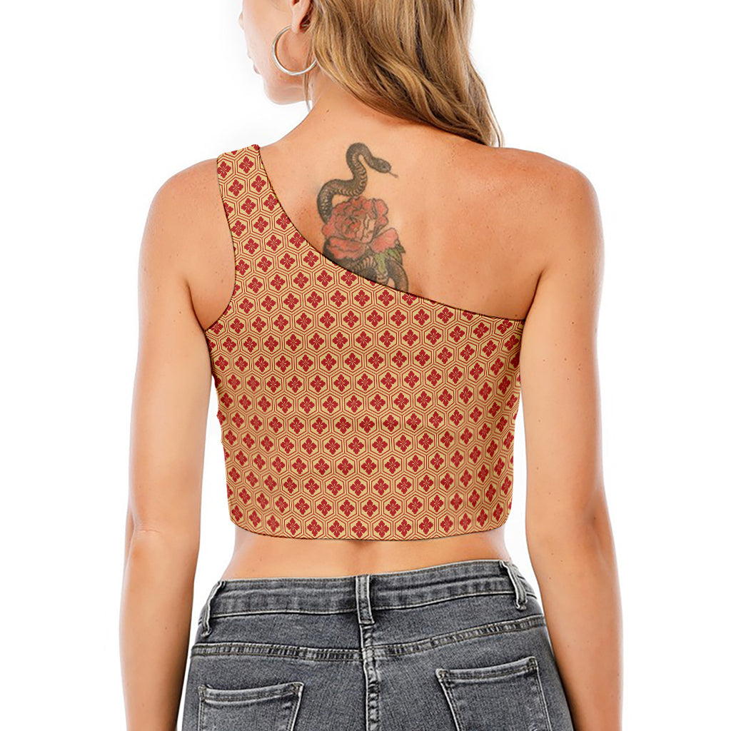 Red Japanese Flower Pattern Print One Shoulder Crop Top