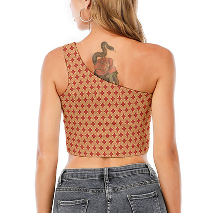 Red Japanese Flower Pattern Print One Shoulder Crop Top