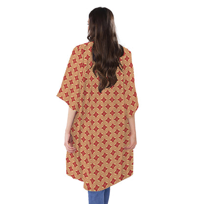 Red Japanese Flower Pattern Print Open Front Beach Cover Up