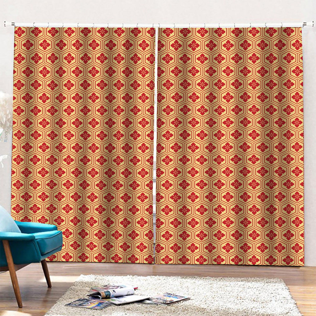 Red Japanese Flower Pattern Print Pencil Pleat Curtains