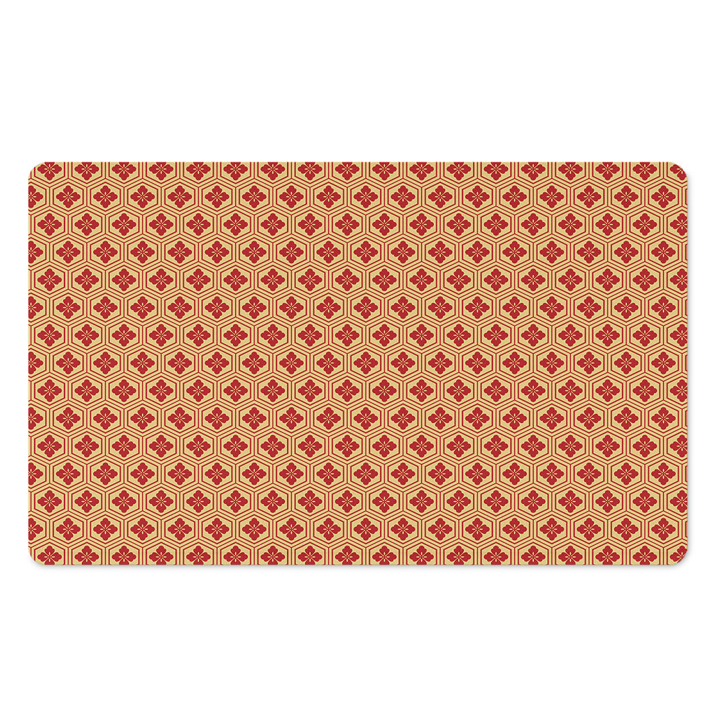 Red Japanese Flower Pattern Print Polyester Doormat