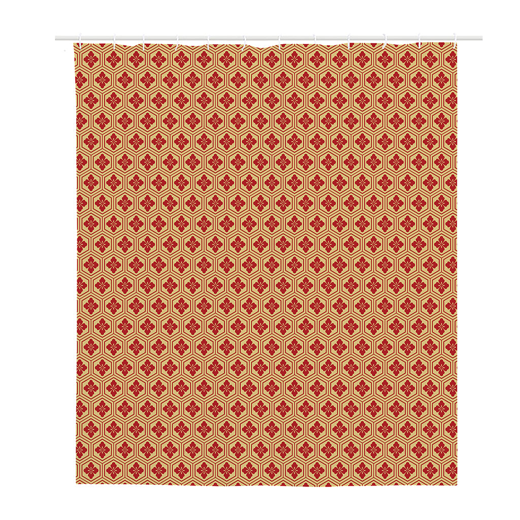 Red Japanese Flower Pattern Print Polyester Shower Curtain