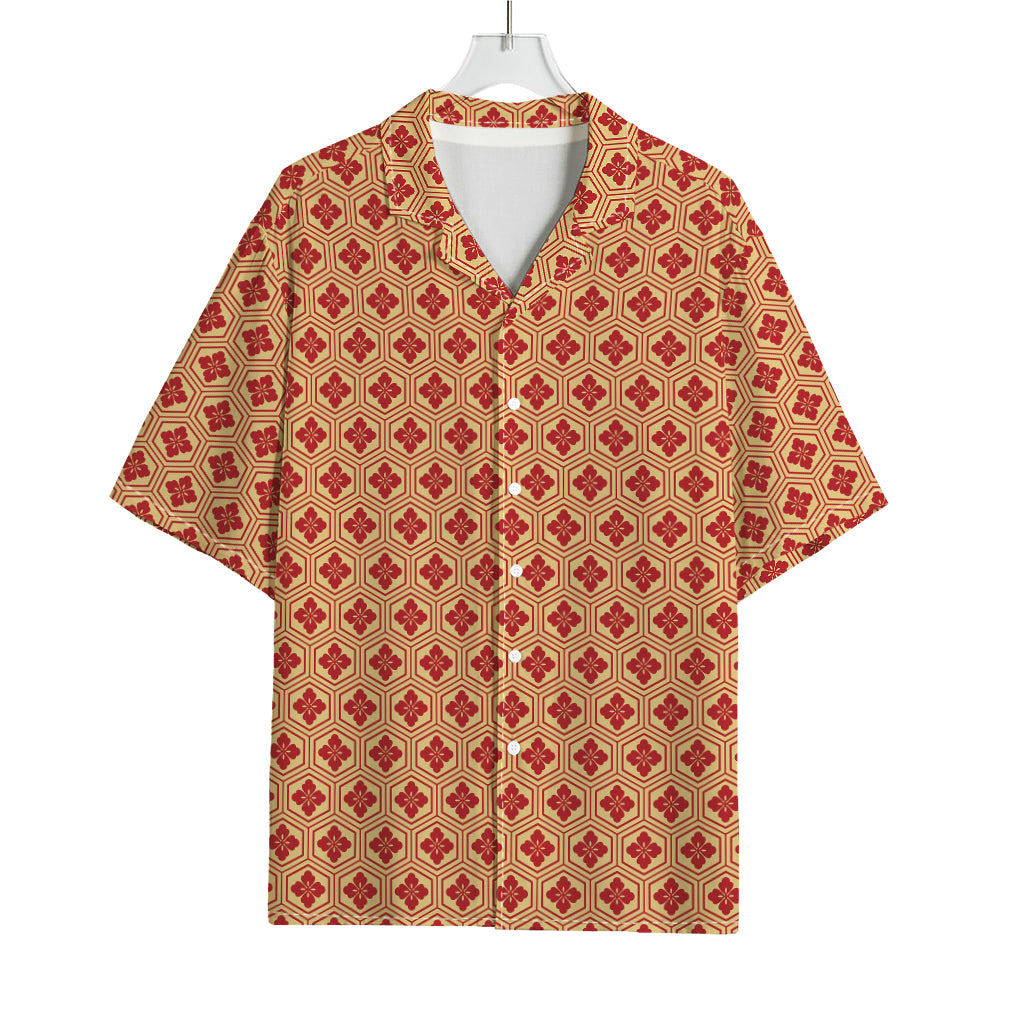 Red Japanese Flower Pattern Print Rayon Hawaiian Shirt
