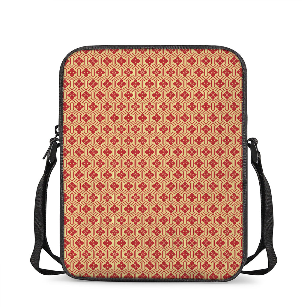 Red Japanese Flower Pattern Print Rectangular Crossbody Bag