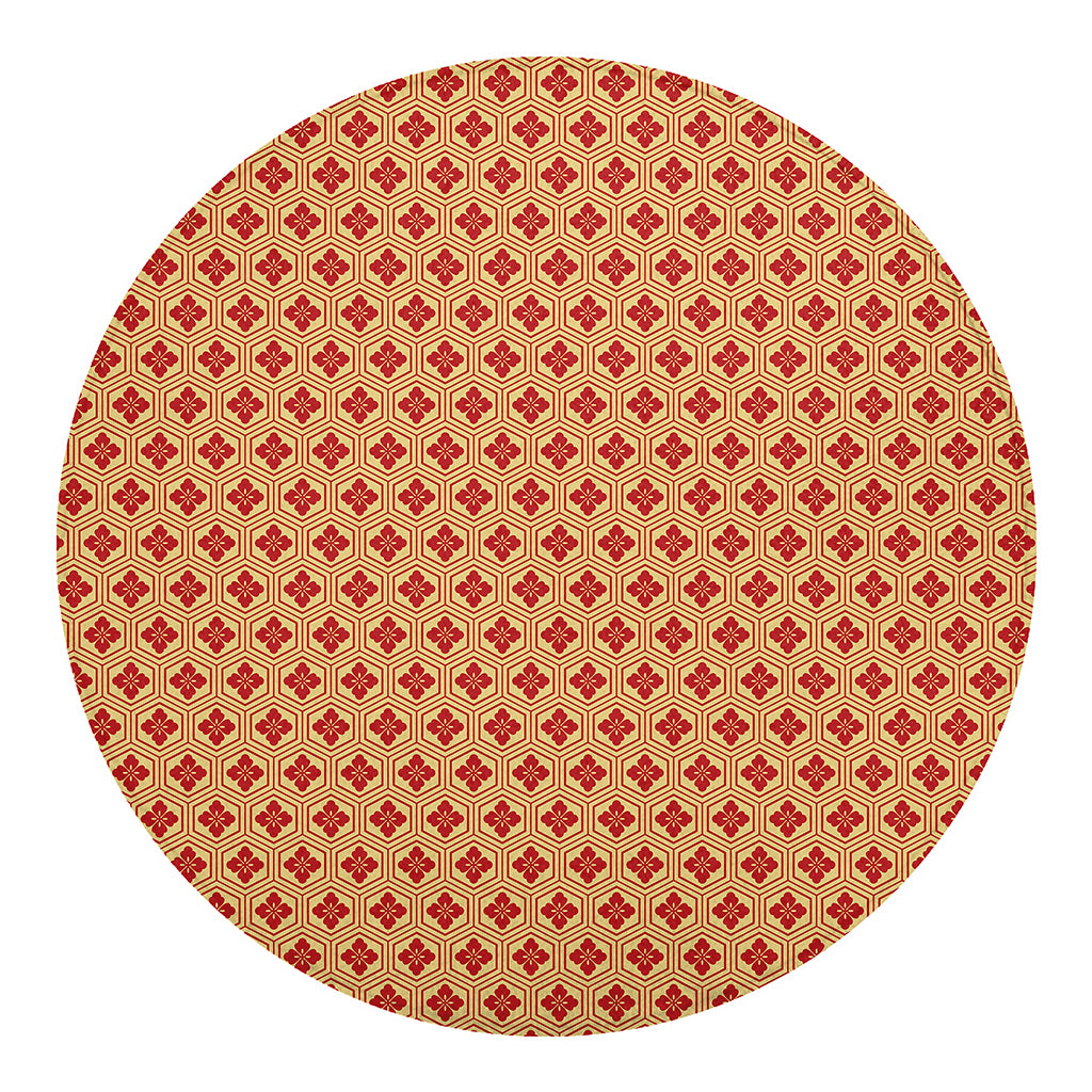 Red Japanese Flower Pattern Print Round Blanket