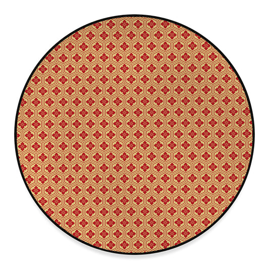 Red Japanese Flower Pattern Print Round Floor Mat