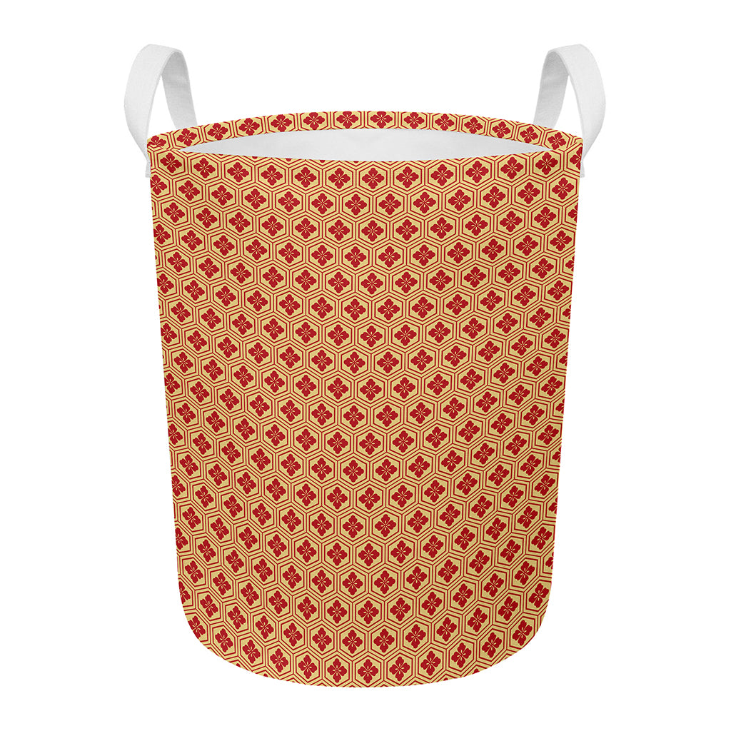 Red Japanese Flower Pattern Print Round Laundry Basket