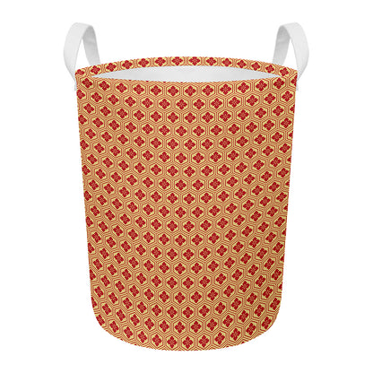 Red Japanese Flower Pattern Print Round Laundry Basket