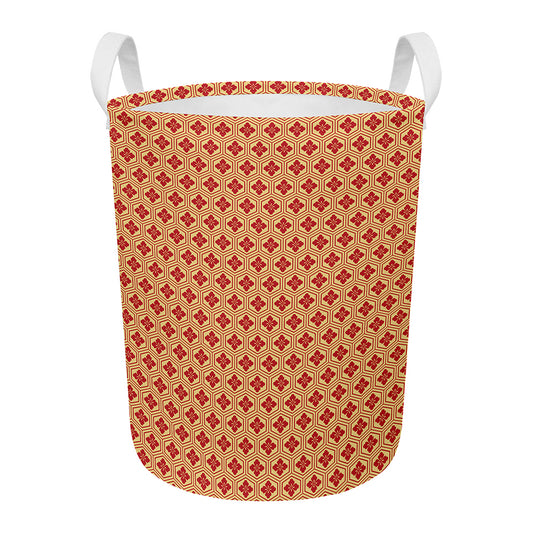 Red Japanese Flower Pattern Print Round Laundry Basket