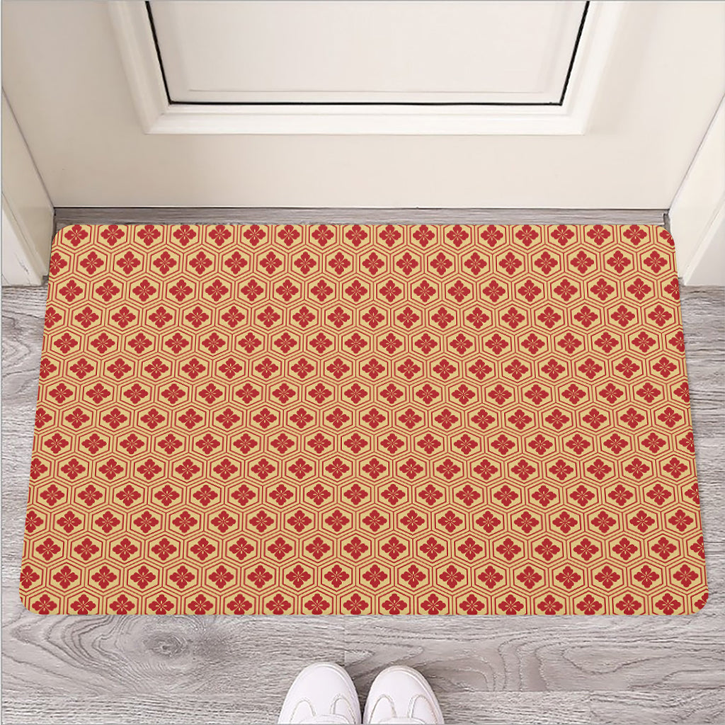 Red Japanese Flower Pattern Print Rubber Doormat