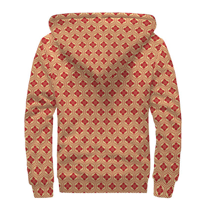 Red Japanese Flower Pattern Print Sherpa Lined Zip Up Hoodie
