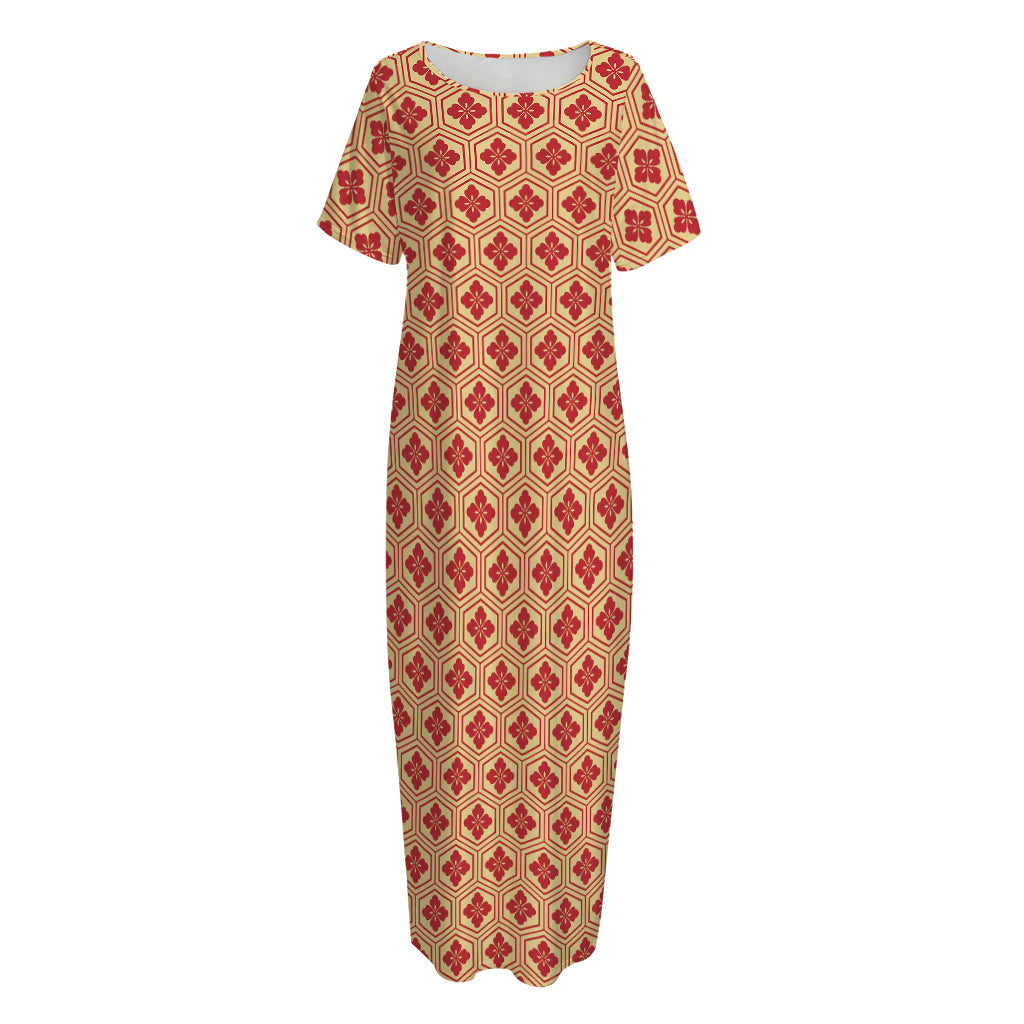 Red Japanese Flower Pattern Print Short Sleeve Long Nightdress
