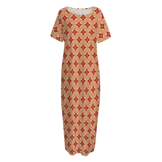 Red Japanese Flower Pattern Print Short Sleeve Long Nightdress