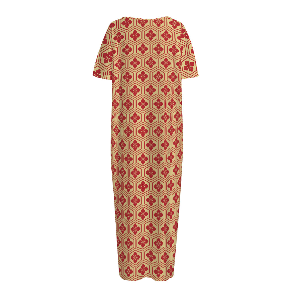 Red Japanese Flower Pattern Print Short Sleeve Long Nightdress