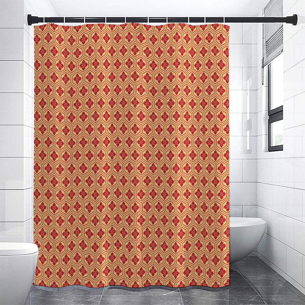 Red Japanese Flower Pattern Print Shower Curtain