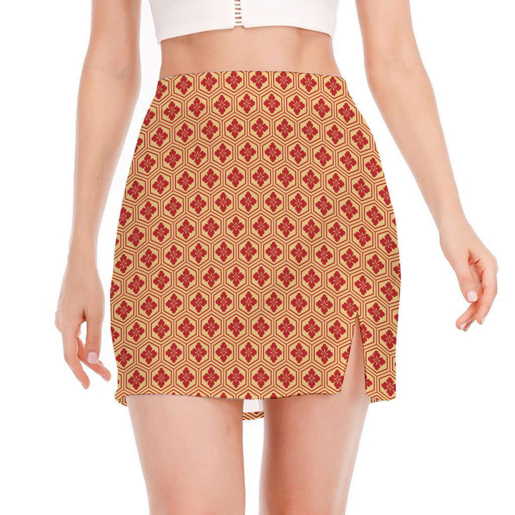 Red Japanese Flower Pattern Print Side Slit Mini Skirt