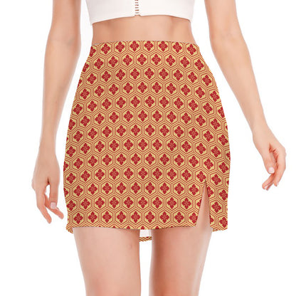 Red Japanese Flower Pattern Print Side Slit Mini Skirt