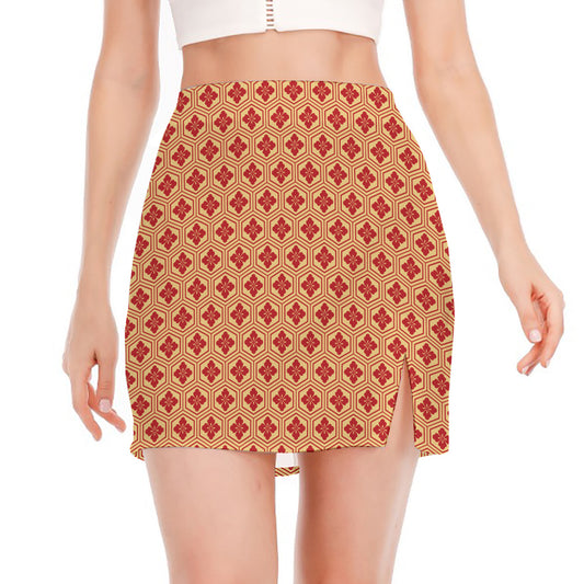 Red Japanese Flower Pattern Print Side Slit Mini Skirt